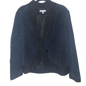 Vintage Coldwater Creek Size XL 100% Leather Wool Blend Knit Black Coat Witchy